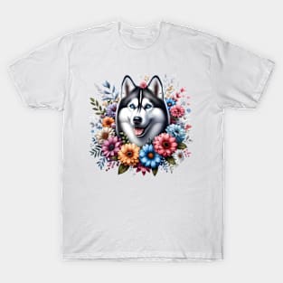 A siberian husky decorated with beautiful colorful flowers. T-Shirt
